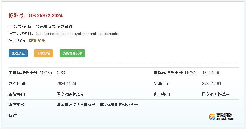 國家標準《氣體滅火系統(tǒng)及部件》GB 25972-2024正式發(fā)布